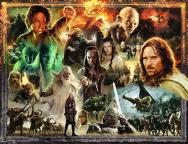 A colorful jigsaw puzzle featuring iconic characters and scenes from 'The Lord of the Rings: The Return of the King'. The collage includes Frodo, Aragorn, Gollum, and other key figures from the movie, set against a dramatic backdrop of battles and landscapes. Perfect for fans of epic fantasy and puzzle enthusiasts.
