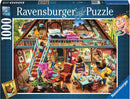 Ravensburger jigsaw puzzle titled 'Dean MacAdam: Goldilocks Gets', featuring a charming scene inside a cozy bear household, with intricate details of furniture, decor, and characters enjoying breakfast together. The puzzle contains 1000 pieces and showcases colorful illustrations and soft-click technology for a satisfying assembly experience.