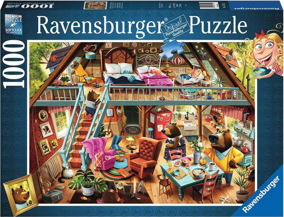 Ravensburger jigsaw puzzle titled 'Dean MacAdam: Goldilocks Gets', featuring a charming scene inside a cozy bear household, with intricate details of furniture, decor, and characters enjoying breakfast together. The puzzle contains 1000 pieces and showcases colorful illustrations and soft-click technology for a satisfying assembly experience.