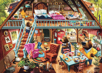 A colorful jigsaw puzzle depicting a whimsical scene inside a bear family's cozy cottage. The two-story interior features a stairway, vibrant furnishings, and various detailed rooms. A bear child is seen on the stairs, while two adult bears prepare breakfast at a dining table. There are charming decorations, including floral patterns, playful accents, and a cozy atmosphere filled with homey details.
