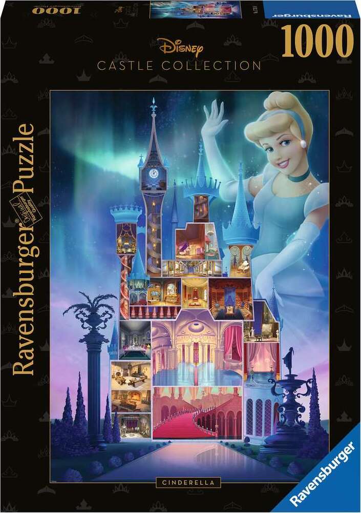 Ravensburger jigsaw puzzle featuring the Disney Castle Collection: Cinderella. The image showcases a beautifully illustrated castle with Cinderella depicted alongside various intricate rooms and towers, perfect for puzzle enthusiasts and Disney fans alike.