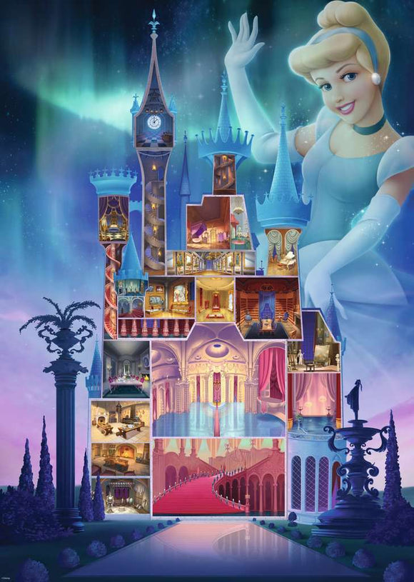 Disney Castle jigsaw puzzle featuring Cinderella, showcasing a beautifully illustrated castle with intricate details and vibrant colors. The puzzle includes scenes from the iconic fairy tale, with Cinderella gracefully depicted against a magical backdrop of the castle at night.