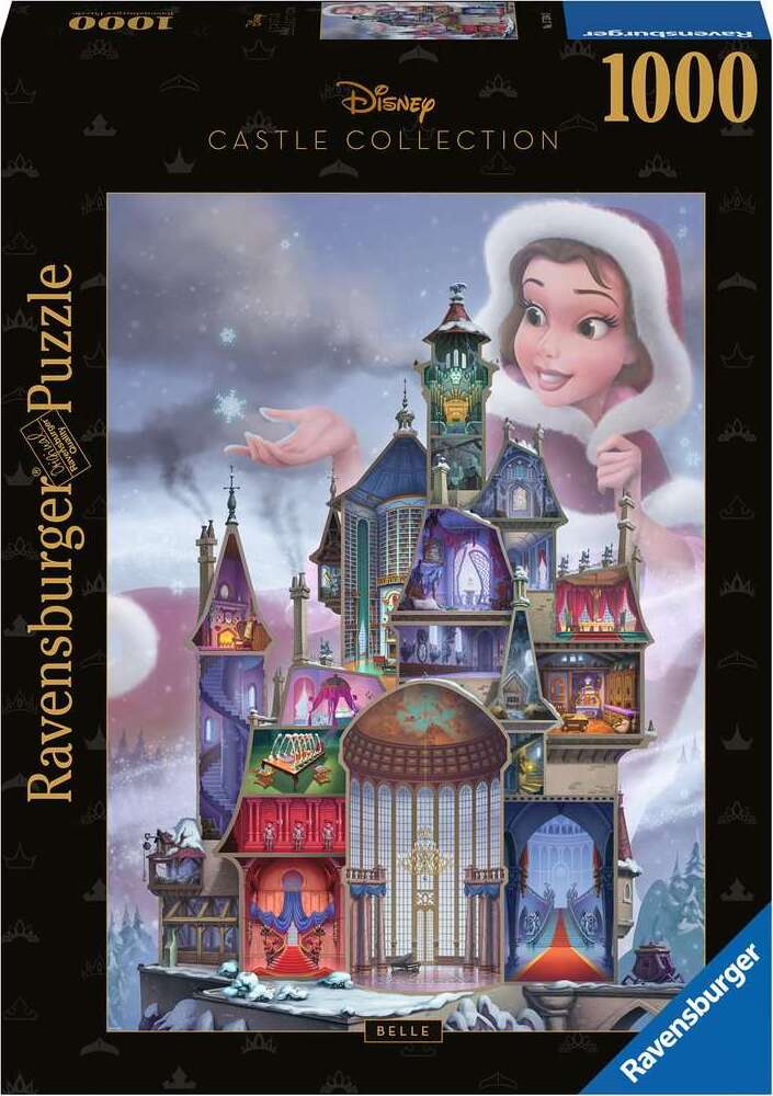 A 1000-piece jigsaw puzzle featuring Belle from Disney's animated movie. The puzzle showcases an intricate design of a whimsical castle with various colorful rooms and decorations, perfect for Disney fans and puzzle lovers. The box is branded with 'Ravensburger' and highlights the elaborate details of the castle's architecture and aesthetic.