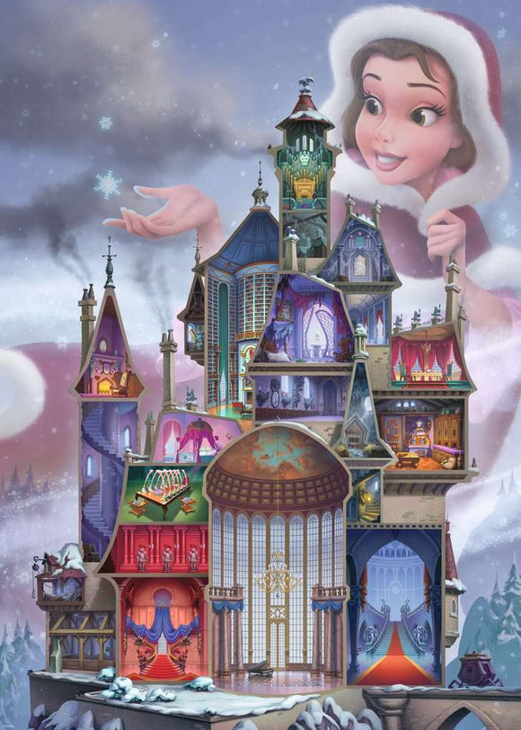 A colorful and intricately designed jigsaw puzzle of the Disney Castle featuring Belle. The illustration showcases multiple rooms in the castle, including a grand ballroom, a library, and an enchanting winter backdrop with sparkling snowflakes. Belle is depicted in a festive outfit, adding a magical touch to the castle's fantasy setting.
