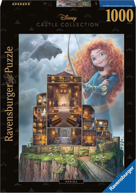 A beautifully illustrated jigsaw puzzle featuring Disney's Merida. The image showcases a whimsical castle, complete with intricate architectural details, vibrant colors, and a background depicting clouds and a dragon. Perfect for fans of Disney and puzzle enthusiasts alike, this 1000-piece puzzle invites you to explore the magical world of Merida from the movie 'Brave'.