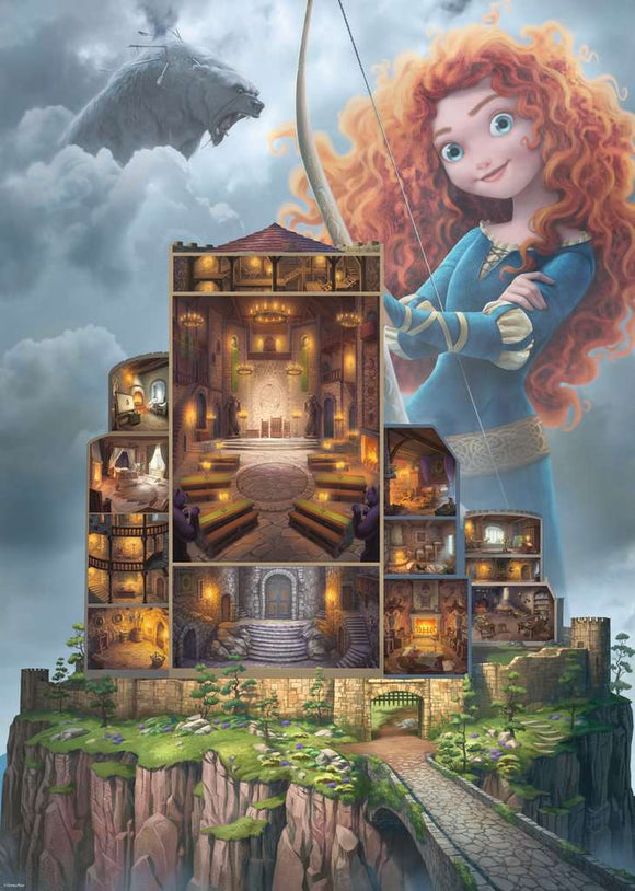 1000-piece jigsaw puzzle featuring Disney's Merida in front of a beautifully illustrated castle. The puzzle showcases intricate details of the castle's interior and a vibrant depiction of Merida, embodying a magical and adventurous atmosphere.
