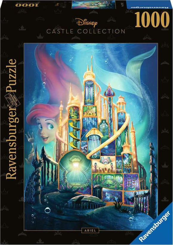 A vibrant jigsaw puzzle box featuring a whimsical illustration of Disney's Ariel in front of an intricate underwater castle. This 1000-piece Ravensburger puzzle showcases bright colors and detailed elements from the underwater world, ideal for Disney fans and puzzle enthusiasts alike.