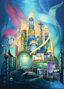 A vibrant 1000-piece jigsaw puzzle featuring the enchanting Disney Castle from 'The Little Mermaid,' with Ariel smiling in the background. The scene showcases intricate details of her underwater kingdom, with colorful towers, mermaid motifs, and bubbles enhancing the magical atmosphere.