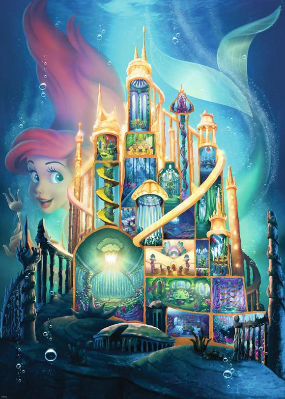 A vibrant 1000-piece jigsaw puzzle featuring the enchanting Disney Castle from 'The Little Mermaid,' with Ariel smiling in the background. The scene showcases intricate details of her underwater kingdom, with colorful towers, mermaid motifs, and bubbles enhancing the magical atmosphere.
