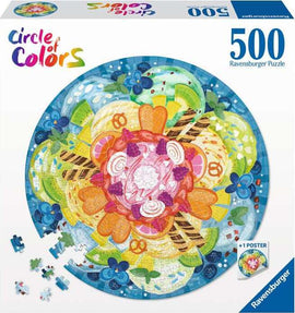 A colorful 500-piece round jigsaw puzzle titled 'Circle of Colors' by Ravensburger, featuring a vibrant arrangement of ice cream cones, flowers, and decorative sweets. The design showcases swirling colors and intricate details, with several pieces scattered around it, inviting puzzle lovers to engage in a rewarding challenge.