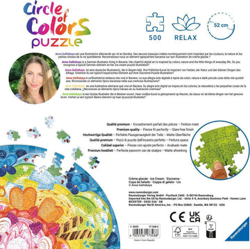 A vibrant 500-piece round jigsaw puzzle titled 'Ice Cream' featuring a colorful representation of ice cream cones and an artist's signature. The puzzle design showcases a mix of bright colors, whimsical patterns, and intricate details, perfect for puzzle enthusiasts and families. The puzzle measures 52 cm in diameter.