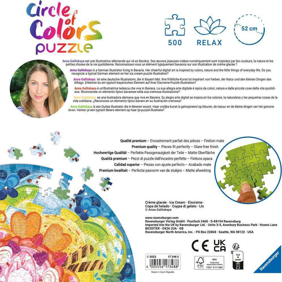 A vibrant 500-piece round jigsaw puzzle titled 'Ice Cream' featuring a colorful representation of ice cream cones and an artist's signature. The puzzle design showcases a mix of bright colors, whimsical patterns, and intricate details, perfect for puzzle enthusiasts and families. The puzzle measures 52 cm in diameter.