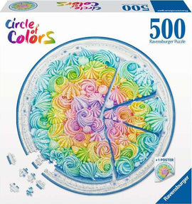 The Rainbow Cake 500-piece jigsaw puzzle by Ravensburger features a vibrant assortment of colorful swirls and creamy textures, arranged in a circular design resembling a multi-colored cake. The puzzle comes with an additional poster to assist puzzlers in completing the image. Perfect for art and sweets lovers.
