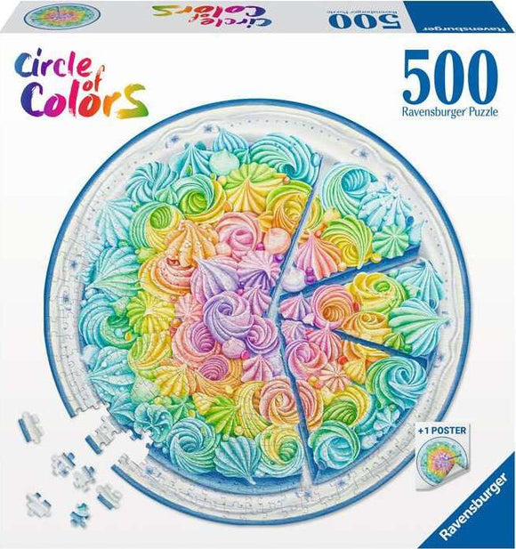 The Rainbow Cake 500-piece jigsaw puzzle by Ravensburger features a vibrant assortment of colorful swirls and creamy textures, arranged in a circular design resembling a multi-colored cake. The puzzle comes with an additional poster to assist puzzlers in completing the image. Perfect for art and sweets lovers.