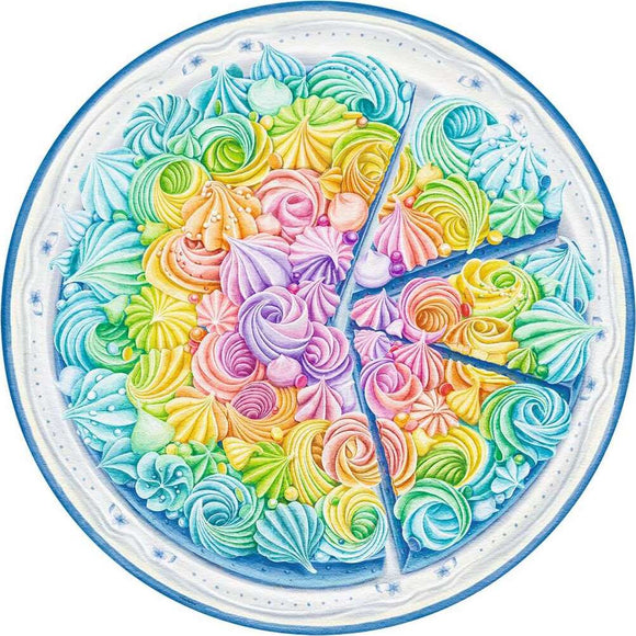 500-piece round jigsaw puzzle featuring a colorful, artistic depiction of a rainbow cake with swirls of icing in various pastel colors. The intricate design includes shades of pink, blue, green, and yellow, creating a vibrant and attractive visual appeal. Perfect for puzzle enthusiasts and cake lovers alike.