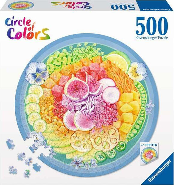 Poke Bowl 500-piece round jigsaw puzzle by Ravensburger, featuring a vibrant circular arrangement of colorful ingredients like fruits and vegetables. The puzzle comes with a poster and showcases a beautifully designed circle of colors, perfect for puzzle enthusiasts.