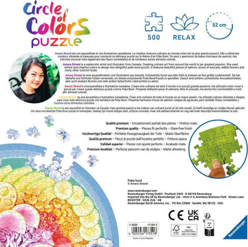 A colorful 500-piece jigsaw puzzle featuring a vibrant poke bowl design created by Canadian artist Amara Strand. The puzzle showcases an array of rich colors and intricate details, ideal for puzzle enthusiasts and art lovers alike. It measures 52 cm in diameter, providing a relaxing and enjoyable experience as you assemble the cheerful image of the poke bowl filled with fresh ingredients.