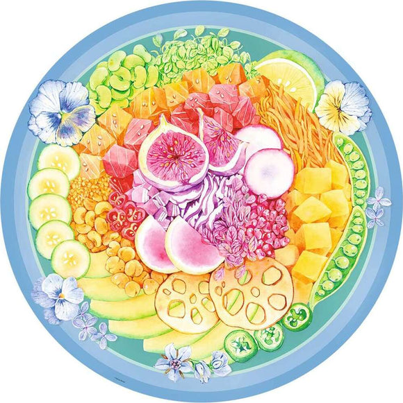 A vibrant 500-piece round jigsaw puzzle featuring a beautifully illustrated poke bowl filled with a variety of colorful fruits and vegetables. The arrangement includes slices of cucumber, bright orange and yellow fruits, purple radishes, and a garnish of edible flowers, all set against a soft blue background. Perfect for puzzle enthusiasts and food lovers alike.
