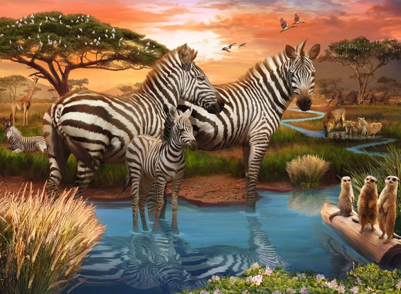 A beautifully illustrated jigsaw puzzle featuring a scene of zebras at a waterhole during sunset. The artwork depicts several zebras, including a mother and her foal, surrounded by lush vegetation and a serene waterhole. In the background, a variety of wildlife such as giraffes and meerkats are visible, under a colorful sky filled with birds. This 500-piece puzzle captures the essence of the African savannah, perfect for nature lovers and puzzle enthusiasts.