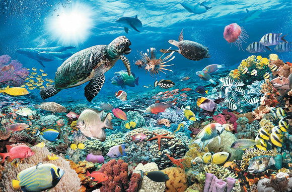 A vibrant underwater scene featuring a variety of marine life including colorful fish, sea turtles, and coral reefs. Sunlight filters down through the clear blue water, creating a captivating atmosphere. Ideal for puzzle enthusiasts who appreciate marine biodiversity.
