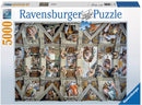 Ravensburger 5000 piece jigsaw puzzle featuring a vibrant, intricate depiction of the ceiling of the Sistine Chapel, showcasing famous frescoes by Michelangelo. The puzzle box displays details about premium quality and soft click technology, ensuring a pleasant assembly experience.