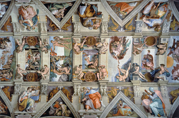 A 5000 piece jigsaw puzzle featuring an intricate depiction of the Sistine Chapel ceiling, showcasing vibrant colors and detailed frescoes by Michelangelo. The puzzle image includes various biblical scenes with characters and ornate architectural elements.