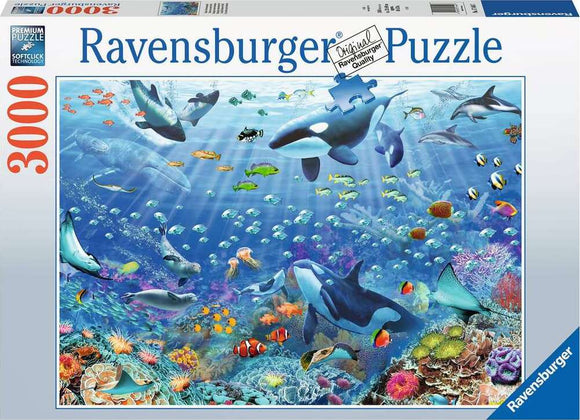 A vibrant jigsaw puzzle box featuring the 'Colorful Underwater World 3000' design by Ravensburger. The image showcases a stunning underwater scene filled with diverse marine life including orcas, colorful fish, and coral reefs. The puzzle is suitable for enthusiasts and families seeking a fun, engaging activity. The packaging highlights the puzzle's 3000-piece count and premium quality.
