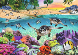 A vibrant jigsaw puzzle image featuring baby sea turtles swimming in clear blue water among colorful coral reefs and tropical fish. In the background, a sandy beach is visible with palm trees and a sunset. The scene captures the beauty of marine life and the journey of baby turtles making their way to the ocean.
