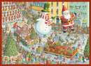 A festive scene depicting a Christmas parade with cheerful characters. Large inflatable Santa Claus and a snowman are seen celebrating. A float with gingerbread houses, decorated Christmas trees, and children in festive outfits surround a town square filled with onlookers enjoying the holiday spirit.