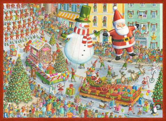 A festive scene depicting a Christmas parade with cheerful characters. Large inflatable Santa Claus and a snowman are seen celebrating. A float with gingerbread houses, decorated Christmas trees, and children in festive outfits surround a town square filled with onlookers enjoying the holiday spirit.