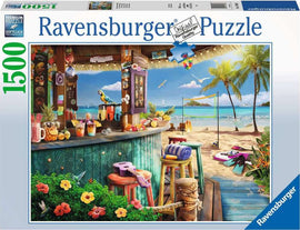 The Beach Bar Breezes jigsaw puzzle features a vibrant, beachside view showing a colorful beach bar filled with tropical drinks and a parrot. Lush greenery and flowers surround the bar, with beachgoers enjoying a sunny day. The scene is completed with palm trees, soft sand, and a scenic ocean in the background.