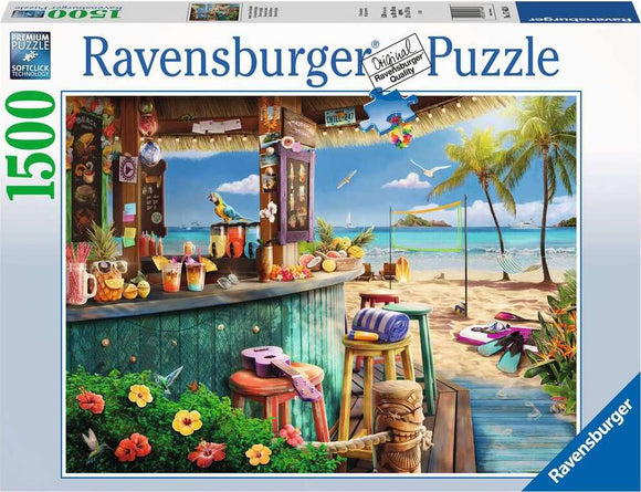 The Beach Bar Breezes jigsaw puzzle features a vibrant, beachside view showing a colorful beach bar filled with tropical drinks and a parrot. Lush greenery and flowers surround the bar, with beachgoers enjoying a sunny day. The scene is completed with palm trees, soft sand, and a scenic ocean in the background.