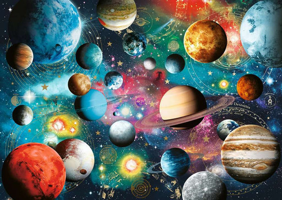 A vibrant 500-piece jigsaw puzzle featuring a stunning depiction of planets and cosmic elements against a colorful galaxy background. Ideal for space enthusiasts and puzzle lovers, this Ravensburger puzzle combines educational value with engaging fun, showcasing celestial bodies like Saturn with its rings, Jupiter, and Mars, along with star constellations and swirling nebulae.
