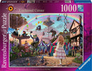 Look & Find: Enchanted Circus jigsaw puzzle by Ravensburger featuring a whimsical circus scene populated with vibrant characters, colorful balloons, and enchanting landscapes. The image showcases a young girl in a white dress holding a basket, standing amidst a bustling fairground with hot air balloons above, and various whimsical animals and performers.