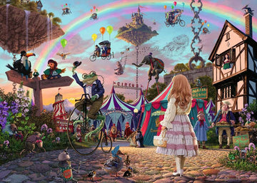 A whimsical jigsaw puzzle illustration titled 'Look & Find: Enchanted Circus' by Ravensburger. The scene features a vibrant circus with a colorful big top tent, magical floating islands, and various fantastical creatures, including a frog on a bicycle, an elephant balancing on a ball, and a girl in a white dress holding a basket. The background includes a rainbow and playful elements such as hot air balloons and animals in costumes, creating a lively and enchanting atmosphere.