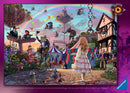 Colorful jigsaw puzzle depicting a fantastical circus scene filled with vibrant characters like anthropomorphic animals and a girl with a basket. The image includes whimsical elements such as balloons, a rainbow, and various hidden objects. The puzzle features a game of finding 14 hidden elephants scattered throughout an enchanted village.