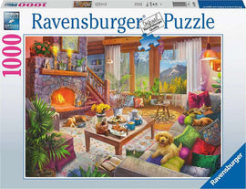 A picturesque jigsaw puzzle depicting a cozy cabin interior. The scene features a warm fireplace, a wooden staircase, and colorful pillows scattered on the floor. A beige dog lounges near a coffee table adorned with pastries and tea, while a cat rests comfortably on a green cushion. Lush plants and beautiful artwork enhance the inviting atmosphere, surrounded by large windows showcasing a serene mountain view.