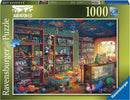 The Tattered Toy Store 1000 pc Puzzle by Ravensburger depicts a nostalgic toy store filled with colorful shelves of plush toys, dolls, games, and a whimsical ceiling decorated with stars and planets. The room is bathed in warm sunlight streaming through a window, creating a cozy and inviting atmosphere perfect for puzzle enthusiasts.
