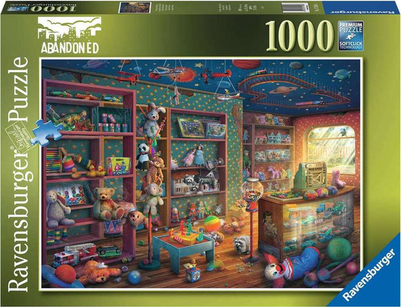 The Tattered Toy Store 1000 pc Puzzle by Ravensburger depicts a nostalgic toy store filled with colorful shelves of plush toys, dolls, games, and a whimsical ceiling decorated with stars and planets. The room is bathed in warm sunlight streaming through a window, creating a cozy and inviting atmosphere perfect for puzzle enthusiasts.