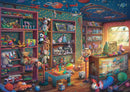 A vibrant 1000 piece jigsaw puzzle illustration depicting a colorful toy store filled with stuffed animals, toys, and playful decorations. The scene features shelves overflowing with different toys, a cozy shop atmosphere with warm wooden flooring, and a sunny window that illuminates the space. Various playful elements like a gumball machine, and whimsical toys create a nostalgic ambiance, inviting viewers to dive into the fun of assembling the puzzle.