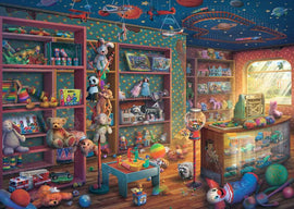 A vibrant 1000 piece jigsaw puzzle illustration depicting a colorful toy store filled with stuffed animals, toys, and playful decorations. The scene features shelves overflowing with different toys, a cozy shop atmosphere with warm wooden flooring, and a sunny window that illuminates the space. Various playful elements like a gumball machine, and whimsical toys create a nostalgic ambiance, inviting viewers to dive into the fun of assembling the puzzle.