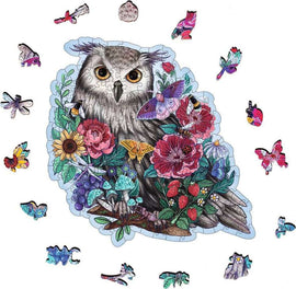 A vibrant 150-piece jigsaw puzzle featuring a detailed illustration of a mysterious owl surrounded by colorful flowers and butterflies. The design showcases intricate patterns and a variety of colors, making it a delightful and immersive puzzle experience for nature lovers and puzzle enthusiasts.