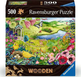 Ravensburger 500-piece jigsaw puzzle titled 'WOOD: Nature Garden' featuring a vibrant scene of a garden with colorful flowers, birds, and a peaceful pond. The puzzle box showcases intricate details of nature, inviting puzzlers to enjoy this artistic representation.