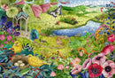 A vibrant 500-piece jigsaw puzzle showcasing a picturesque nature scene in a garden. The design features a variety of colorful flowers, butterflies, and wildlife, including a peacock and yellow birds near a small nest. A serene river runs through the landscape, and lush greenery fills the background, creating a tranquil and inviting atmosphere.