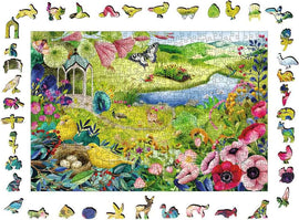 500-piece Ravensburger jigsaw puzzle titled 'WOOD: Nature Garden'. The puzzle features a vibrant scene of a lush garden filled with colorful flowers, butterflies, and small animals, alongside intricately shaped puzzle pieces depicting various flora and fauna.