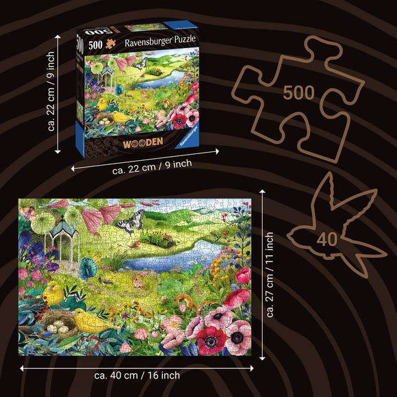 A Ravensburger jigsaw puzzle titled 'WOOD: Nature Garden' featuring a vibrant landscape filled with flowers, a river, and wildlife. The puzzle includes 500 pieces and measures approximately 40 cm x 27 cm when completed. The box dimensions are 22 cm x 22 cm. A visual representation of the puzzle pieces is also shown.