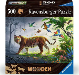 Wooden jigsaw puzzle featuring a vibrant illustration of a jungle scene with a majestic tiger, colorful birds, and lush greenery. The puzzle includes 500 pieces and is made by Ravensburger, known for their quality craftsmanship.