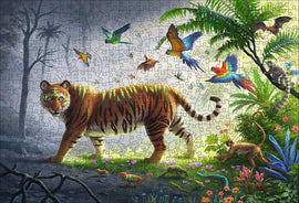 A vibrant 500-piece jigsaw puzzle featuring a beautiful jungle scene with a majestic tiger at its center. The artwork includes colorful birds, playful monkeys, and a variety of flora, showcasing the rich biodiversity of the jungle. Perfect for animal lovers and puzzle enthusiasts.