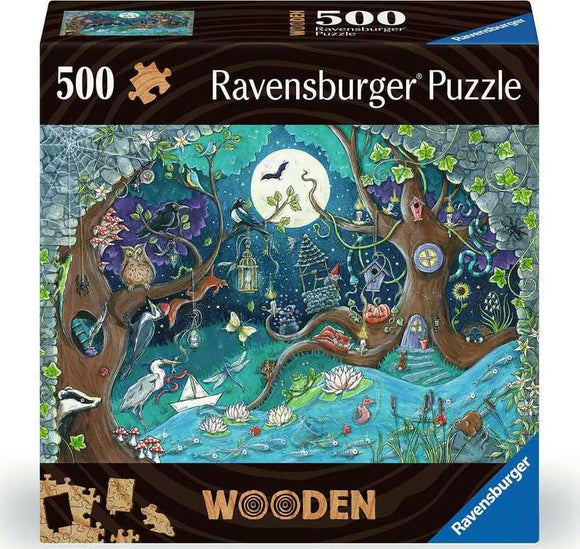 Ravensburger 500-piece jigsaw puzzle titled 'WOOD: Fantasy Forest'. The puzzle box features a whimsical and colorful illustration of a mystical forest scene, complete with various animals, plants, and a serene moonshine reflecting on water. The design captures a vibrant fantasy world, making it an enchanting challenge for puzzle enthusiasts.
