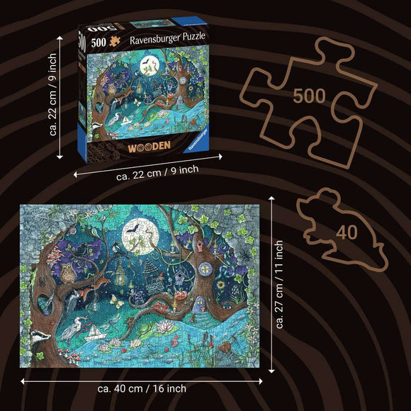 Ravensburger's Fantasy Forest 500-piece jigsaw puzzle. The image depicts a whimsical forest scene with trees, water, and various mythical creatures. The puzzle's dimensions are 40 cm x 27 cm when completed. The box measures 22 cm x 22 cm.